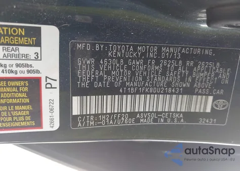 2013 Toyota Camry Se из США, поврежденный, VIN 4T1BF1FK8DU218431